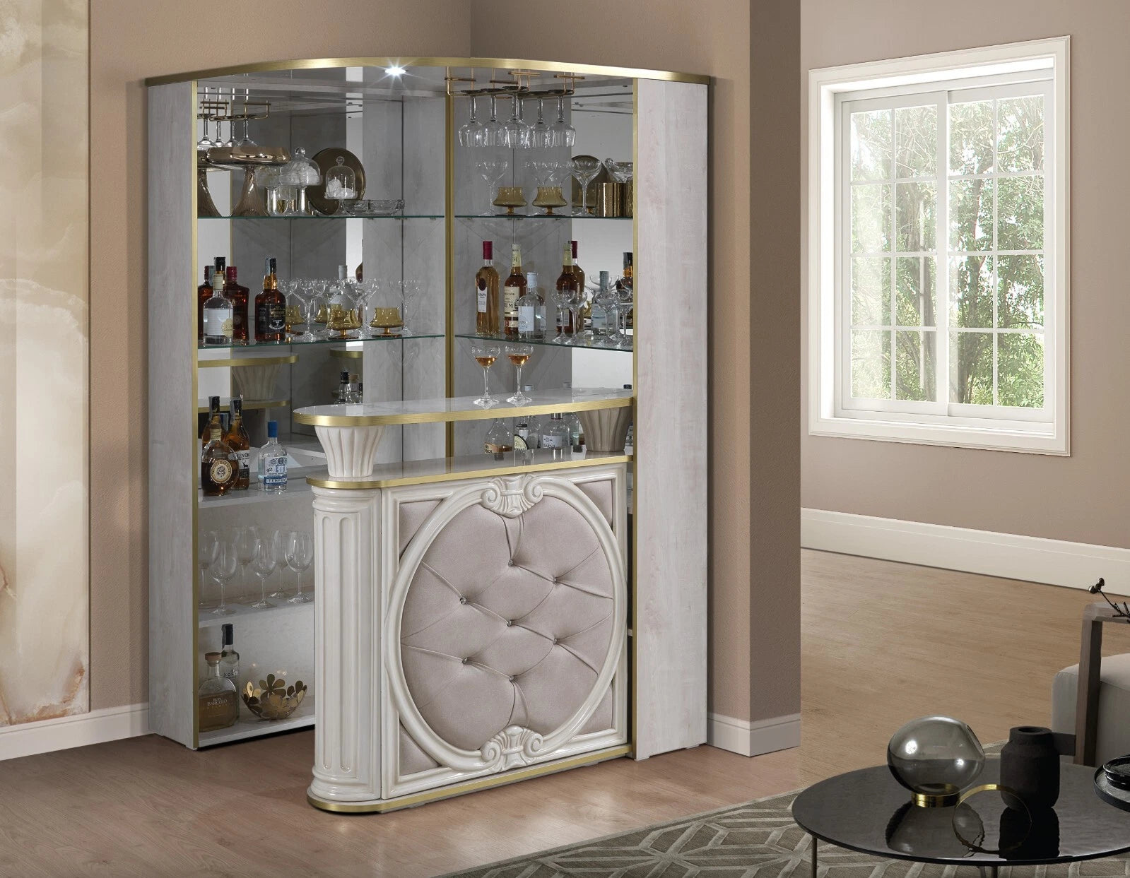 Tiffanie Italian Luxury High Gloss Beige & Gold Corner Bar Unit H2O Design