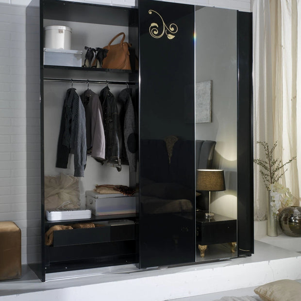Sofia Black/Gold Italian Bedroom Set with 2 Door Sliding Wardrobe Ben Company It