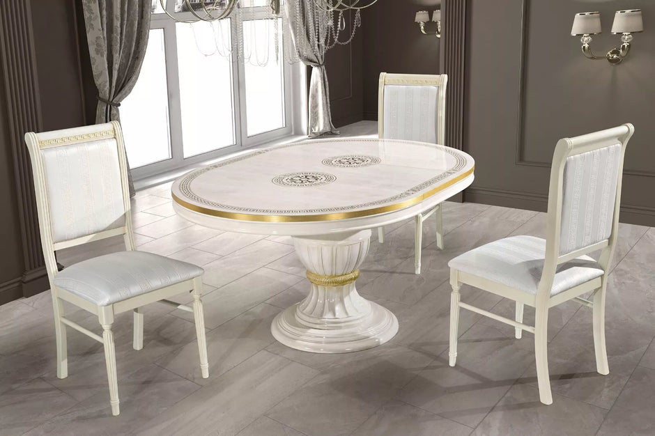 Aurora Versa Design Italian Beige /Gold Oval Ext-Dining Set + 4 Chairs H2O Design