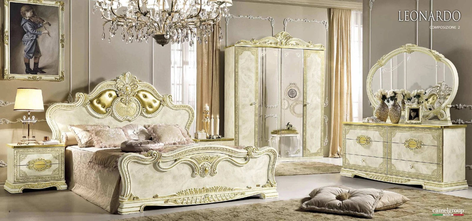 Luxury Leonardo Italian Bedroom Furniture set Ivory-Gold Camel Group-OFFER £2699
