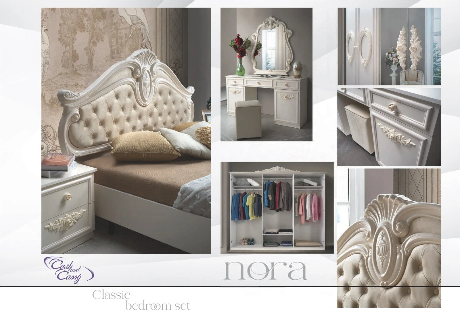 Luxury NORA Italian High Gloss Bedroom with 6 Doors+ Vanity Dresser  Beige/Gold