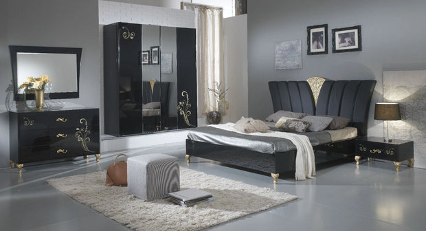 Sofia Black/Gold Italian Bedroom Set with 2 Door Sliding Wardrobe Ben Company It