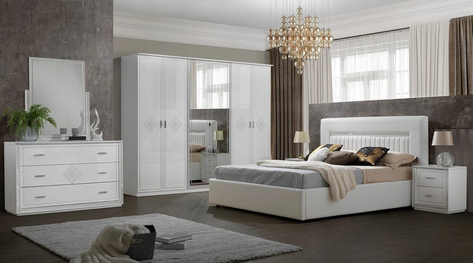 Luxury Gema Storage With LED Lights H/Gloss Italian Bedroom Set 6 Door wardrobe