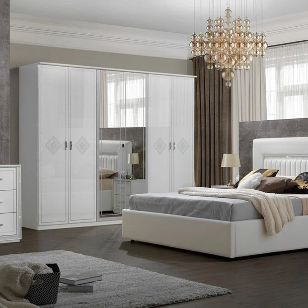 Luxury Gema Storage With LED Lights H/Gloss Italian Bedroom Set 6 Door wardrobe