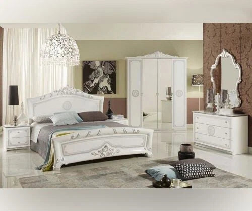 Stunning Greta White/Silver Finish Bedroom Set with 4 Door Wardrobe Tuttomobili