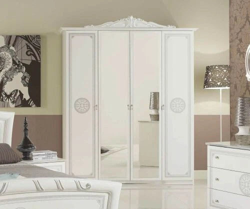 Stunning Greta White/Silver Finish Bedroom Set with 4 Door Wardrobe Tuttomobili