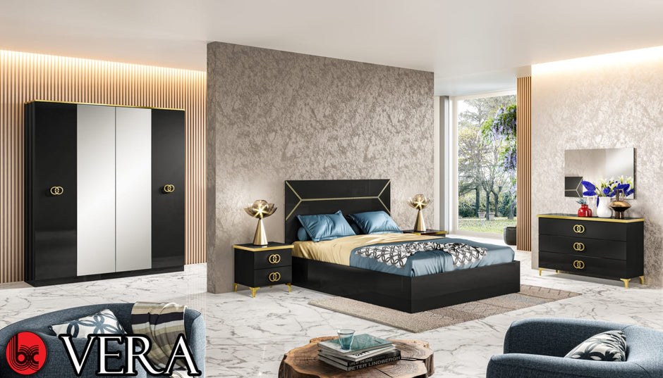 Ben Company Modern Vera White-Gold High Gloss Italian Bedroom Set with 4 Door Wardrobe