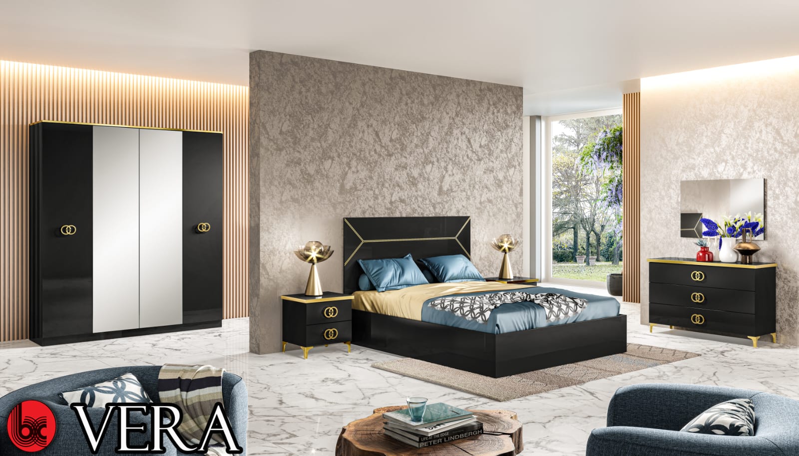 Ben Company Modern Vera White-Gold High Gloss Italian Bedroom Set with 4 Door Wardrobe