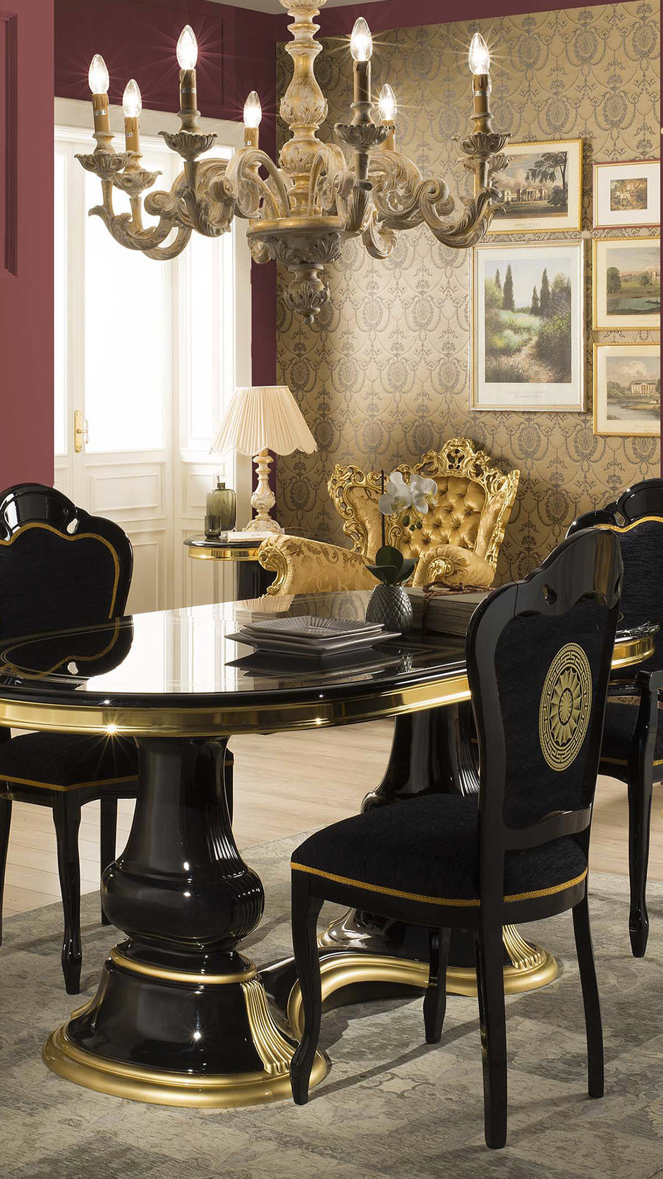 VENUS ITALIAN HIGH GLOSS EXTEND-DINING TABLE B-GOLD+ 6 MEDUSA FACE HEAD CHAIRS